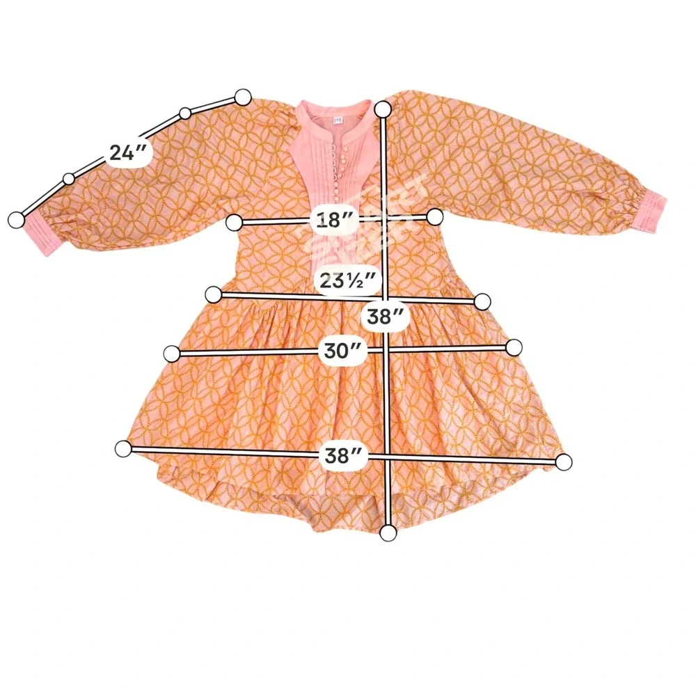 Aox Women Peach Orange Geometric Mini Dress Long Sleeve Pleated Bib Size M NWOT - Picture 10 of 11